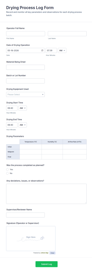 Drying Process Log Form Template