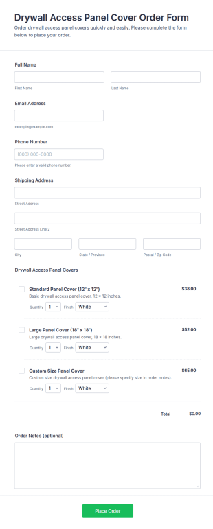 Drywall Access Panel Cover Order Form Template
