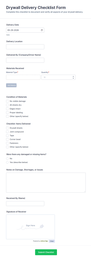 Drywall Delivery Checklist Form Template