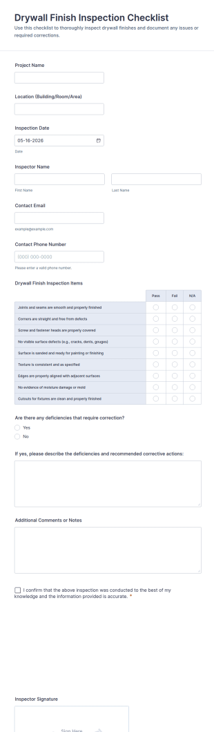 Drywall Finish Inspection Checklist Form Template