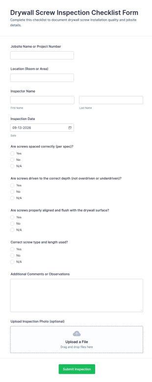 Drywall Screw Inspection Checklist Form Template
