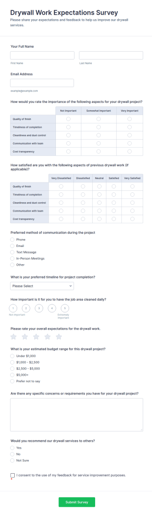 Drywall Work Expectations Survey Form Template