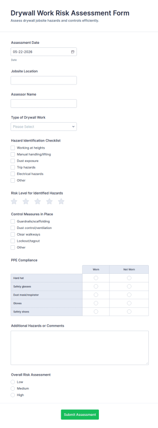 Drywall Work Risk Assessment Form Template