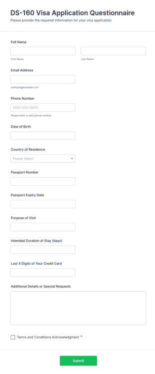 DS 160 Visa Application Questionnaire Form Template