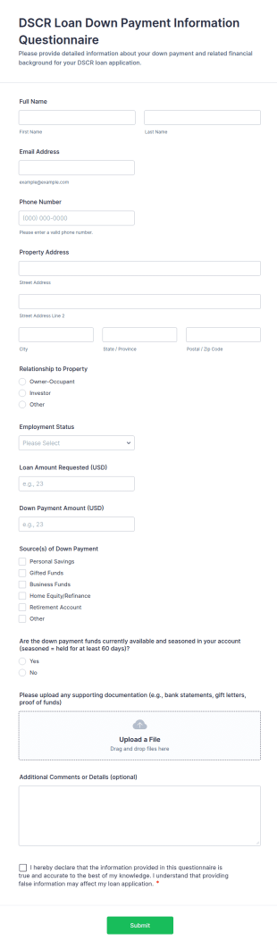 DSCR Loan Down Payment Information Questionnaire Form Template