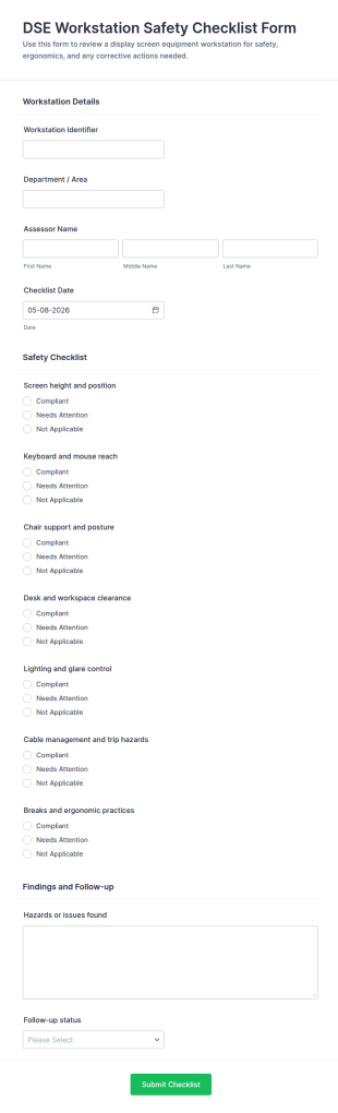 DSE Workstation Safety Checklist Form Template