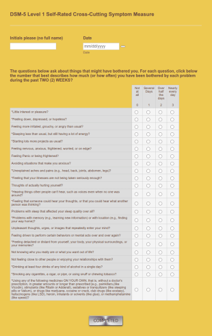 DSM 5 Level 1 Cross Cutting Symptom Measure Assessment Form Template