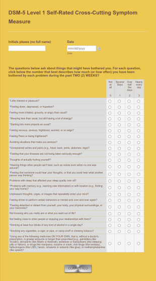 DSM 5 Level 1 Cross Cutting Symptom Measure Assessment Form Template