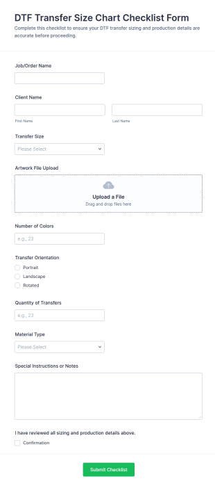 DTF Transfer Size Chart Checklist Form Template