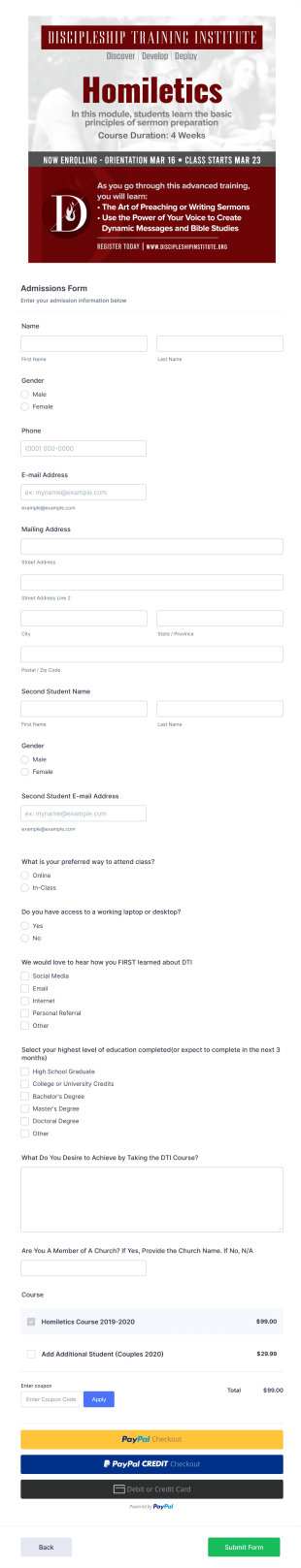 Course Admission Application Form Template