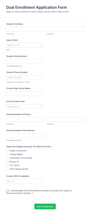 Dual Enrollment Application Form Form Template