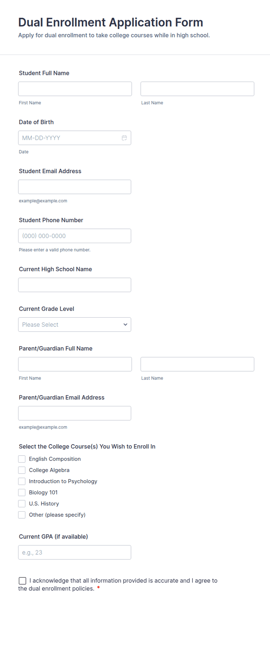 Dual Form Paper Dual Enrollment Application Form Template | Jotform