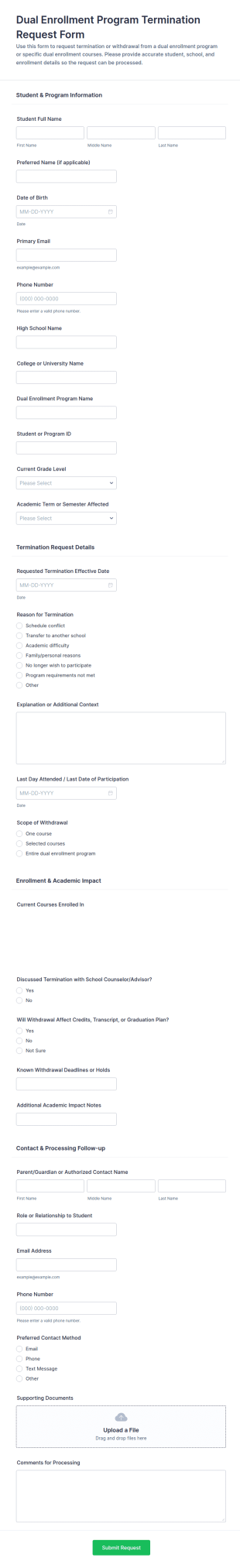 Dual Enrollment Program Termination Request Form Template