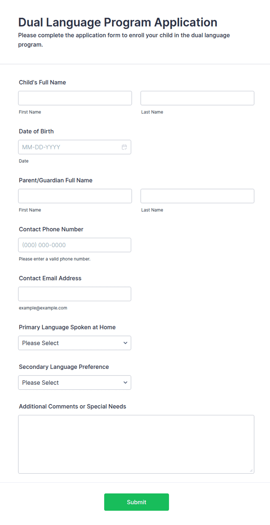 Dual Language Program Application Form Template | Jotform