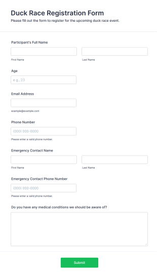 Duck Race Registration Form Template