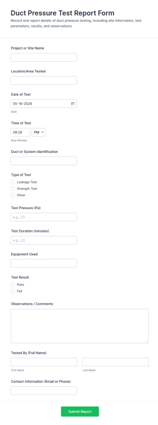 Duct Pressure Test Report Form Template