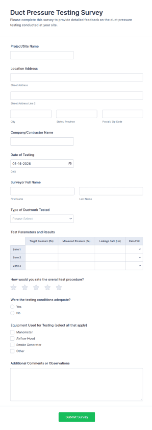 Duct Pressure Testing Survey Form Template
