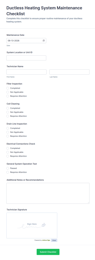 Ductless Heating System Maintenance Checklist Form Template