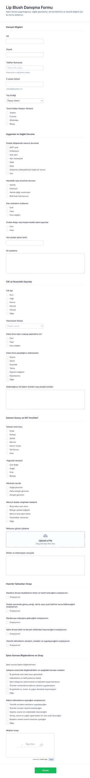 Dudak Boyama Danışma Form Şablonu