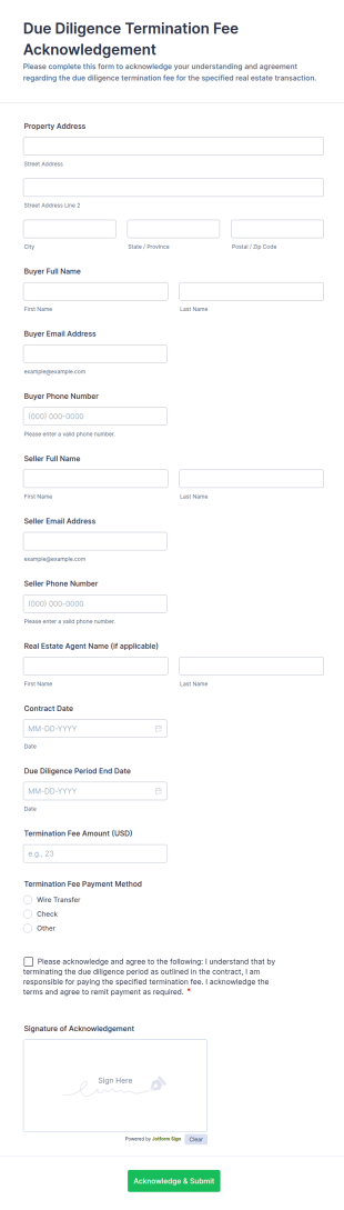 Due Diligence Termination Fee Acknowledgement Form Template