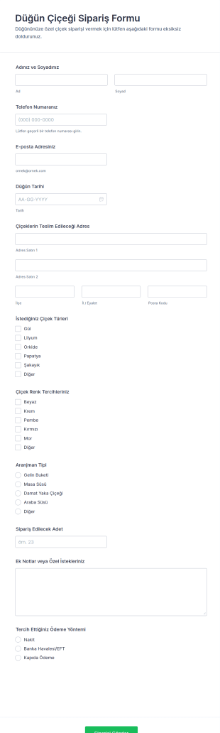 Düğün Çiçeği Sipariş Form Şablonu