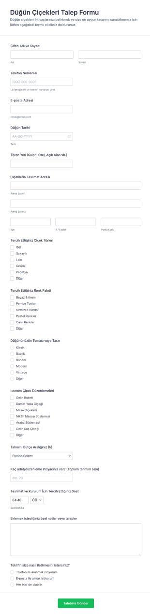Düğün Çiçekleri Bilgi Toplama Formu 🌸💍 Form Şablonu