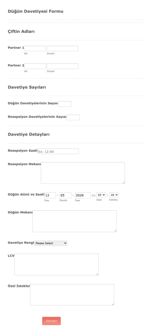 Düğün Davetiyesi Form Şablonu