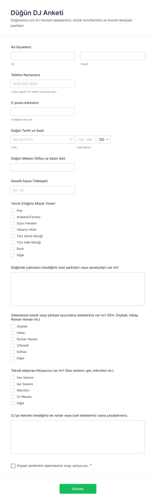 Düğün DJ Anketi Form Template