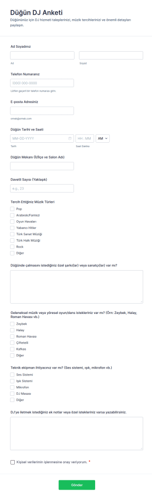 Düğün DJ Anketi Form Şablonu