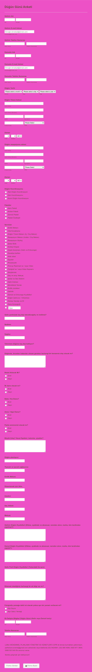 Düğün Etkinlik Anketi Form Template