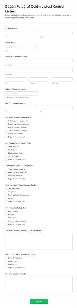 Düğün Fotoğraf Çekim Listesi Kontrol Listesi Form Şablonu