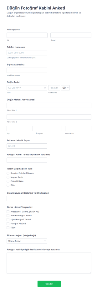 Düğün Fotoğraf Kabini Anketi Form Şablonu