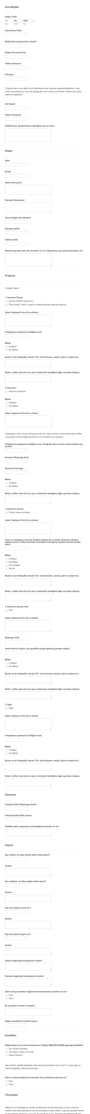 Düğün Fotoğraf Planı Form Şablonu