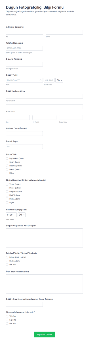 Düğün Fotoğrafçılığı Bilgi Form Şablonu