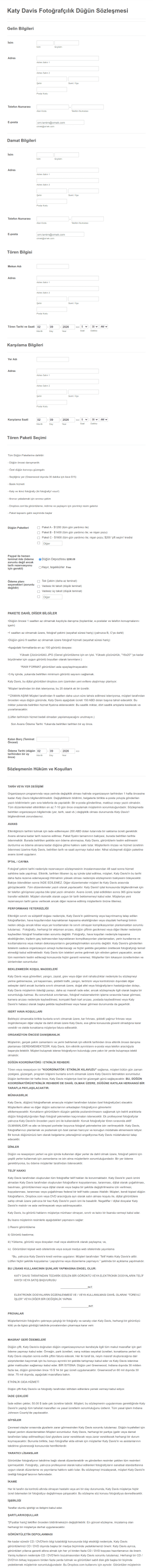 Düğün Fotoğrafçısı Sözleşmesi Form Şablonu