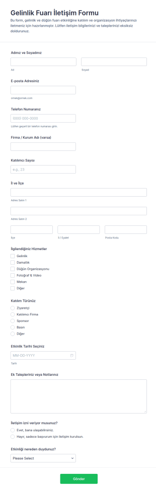 Düğün Fuarı İletişim Form Şablonu