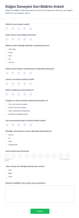 Düğün Geri Bildirim Anketi Form Şablonu