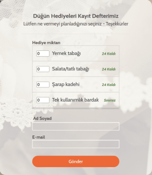 Düğün Hediyeleri Kayıt Defteri Form Şablonu