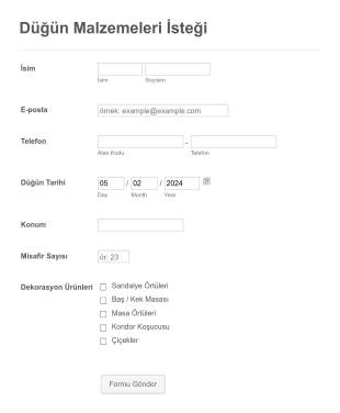Düğün Malzemeleri İstek Form Şablonu
