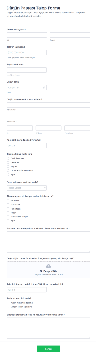 Düğün Pastası Talep Form Şablonu