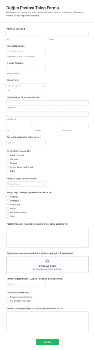 Düğün Pastası Talep Form Şablonu