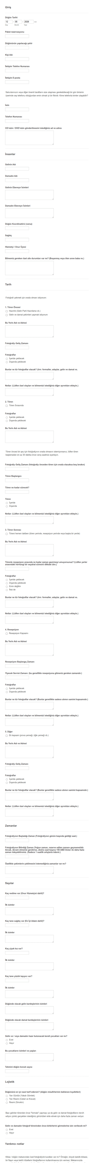 Düğün Planı Anketi Form Şablonu