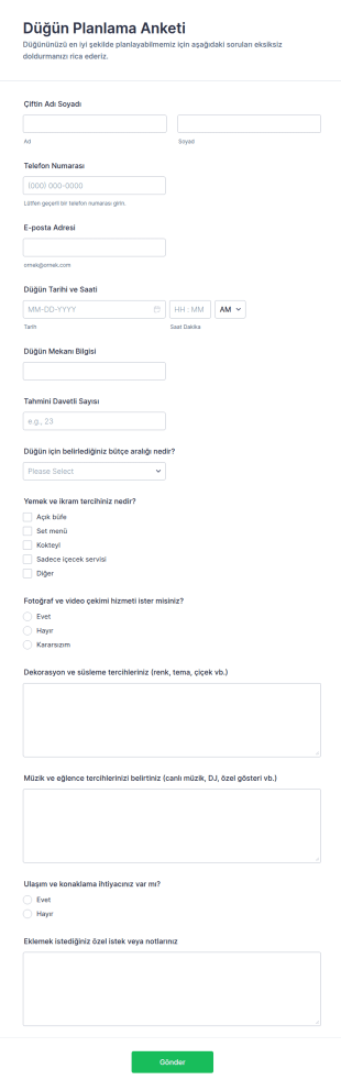 Düğün Planlama Anketi Form Şablonu