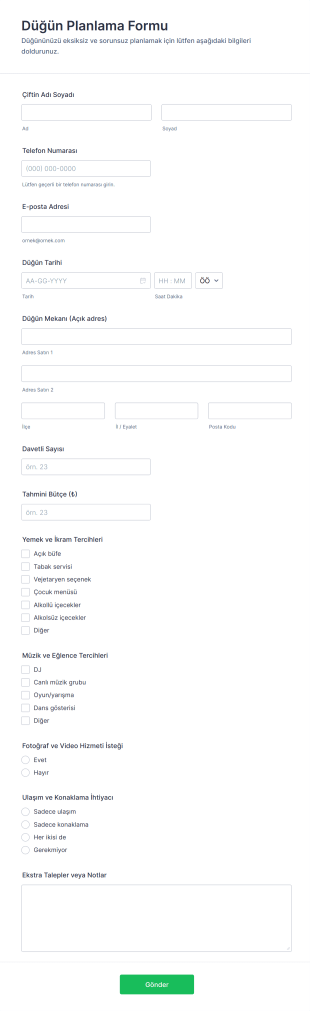 Düğün Planlama Form Şablonu