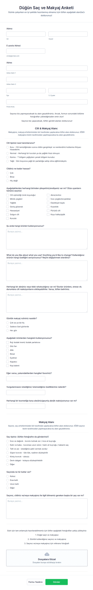 Düğün Saç Ve Makyaj Anketi Form Şablonu