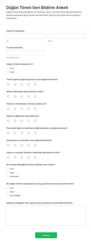 Düğün Töreni Geri Bildirim Anketi Form Şablonu