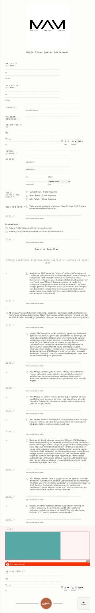 Düğün Video Çekimi Sözleşmesi Form Şablonu