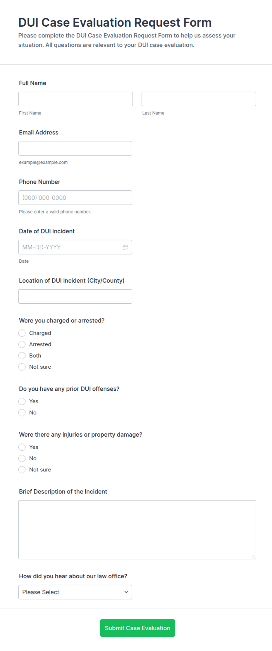Dui Report Example DUI Case Evaluation Request Form Template | Jotform