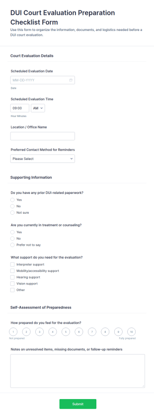 DUI Court Evaluation Preparation Checklist Form Template