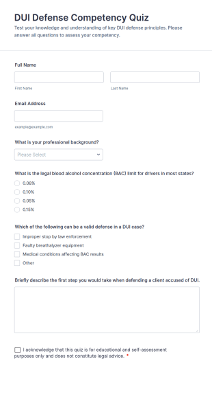DUI Defense Competency Quiz Form Template